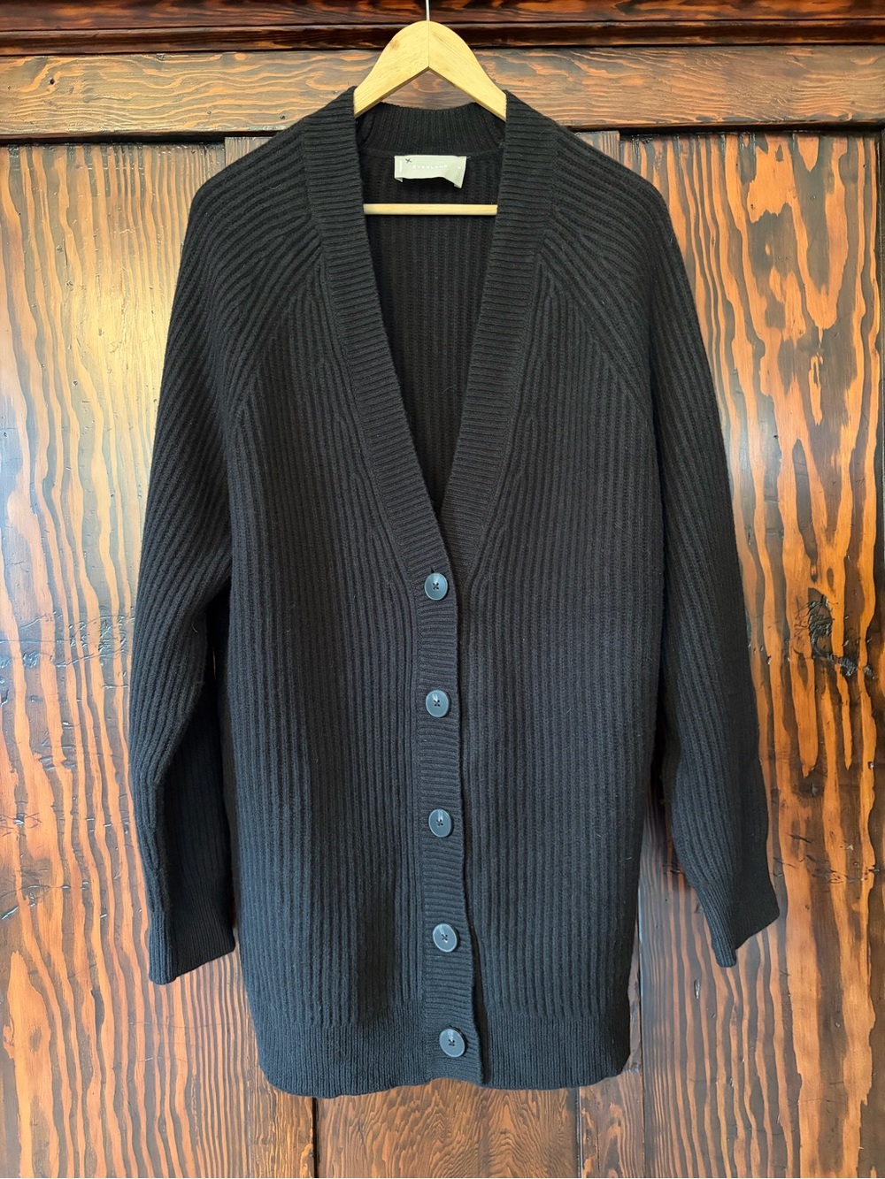Everlane Black Ribbed Button-Front V-Neck Cardigan